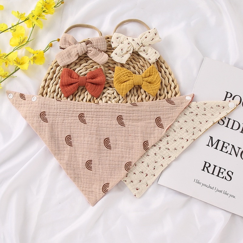 Yếm tam giác kèm băng đô tuban hình nơ vải muslin màu vintage phong cách tiểu thư cho bé gái set 3 chi tiết 𝐓𝐁𝐒𝟑
