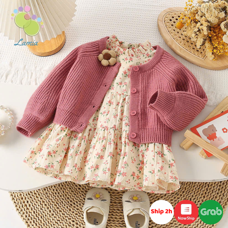 Set váy babydoll hoa nhí kèm áo len hồng đính hoa hàng Quảng Châu cao cấp cho bé gái 𝐒𝐀𝐕𝐋𝟏