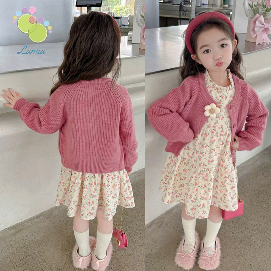 Set váy babydoll hoa nhí kèm áo len hồng đính hoa hàng Quảng Châu cao cấp cho bé gái 𝐒𝐀𝐕𝐋𝟏