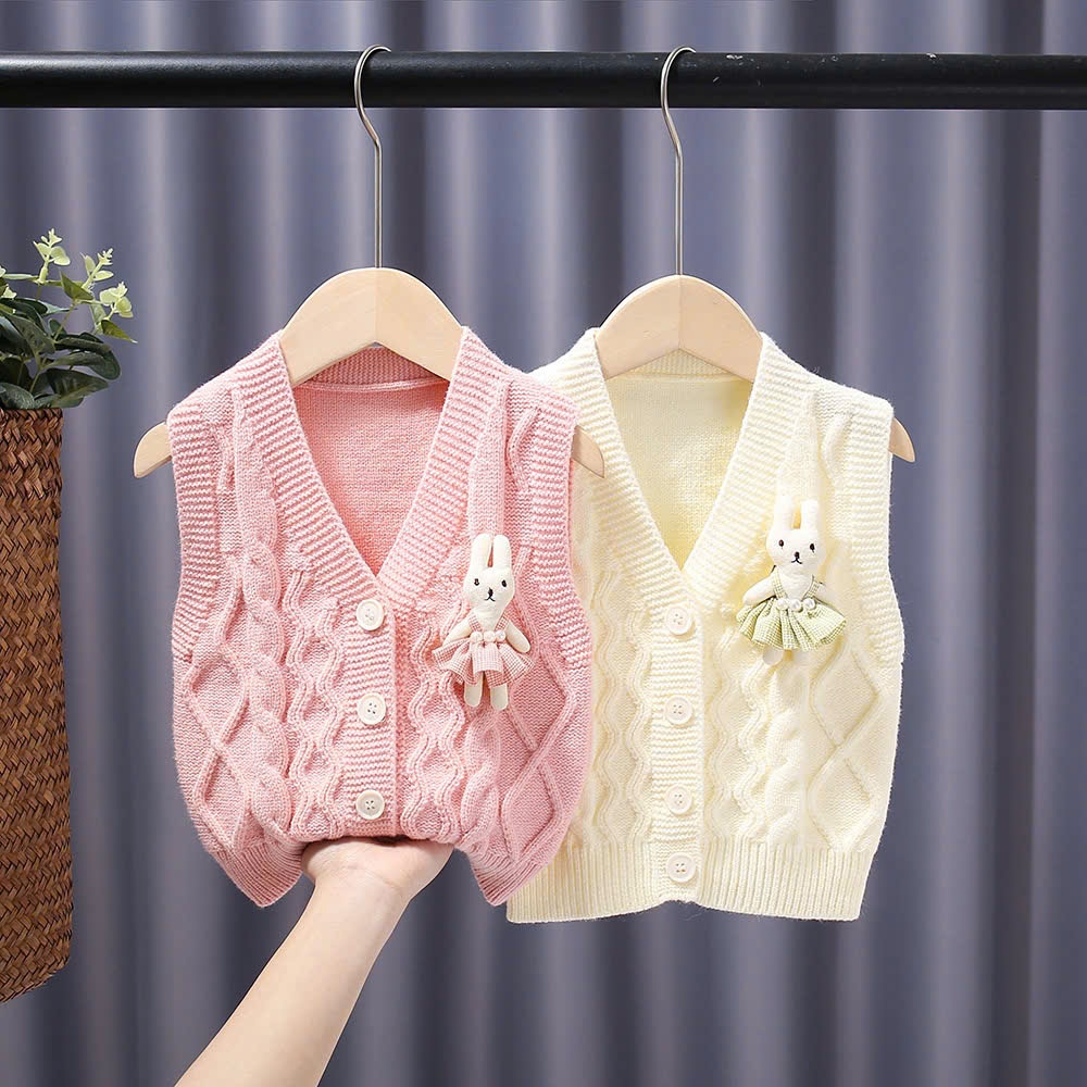 Áo gile len mềm mịn họa tiết thỏ 3D cho bé gái hàng Quảng Châu cao cấp