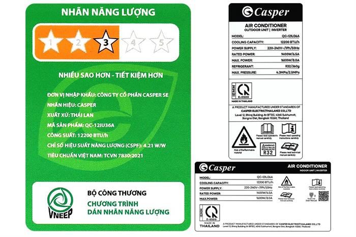 Máy Lạnh Casper Inverter 1.5 HP QC‑12IU36A