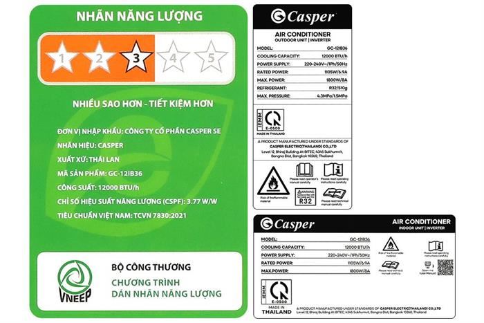 Máy lạnh Casper Inverter 1.5 HP GC-12IB36