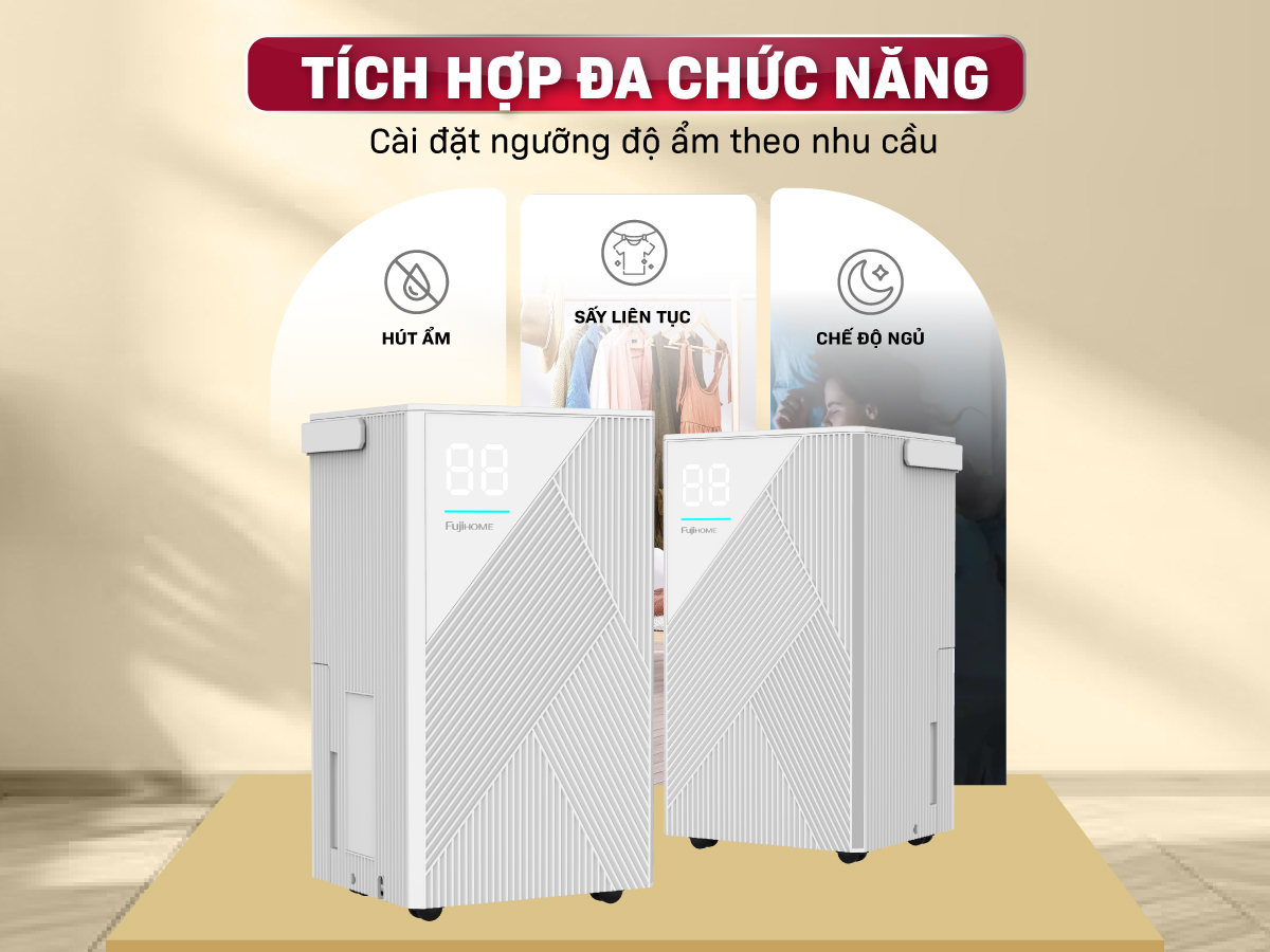 Máy hút ẩm dân dụng Fujihome DH14 – Công suất 14 lít/ngày, cảm biến thông minh, lọc khí Ion kép, vận hành êm ái