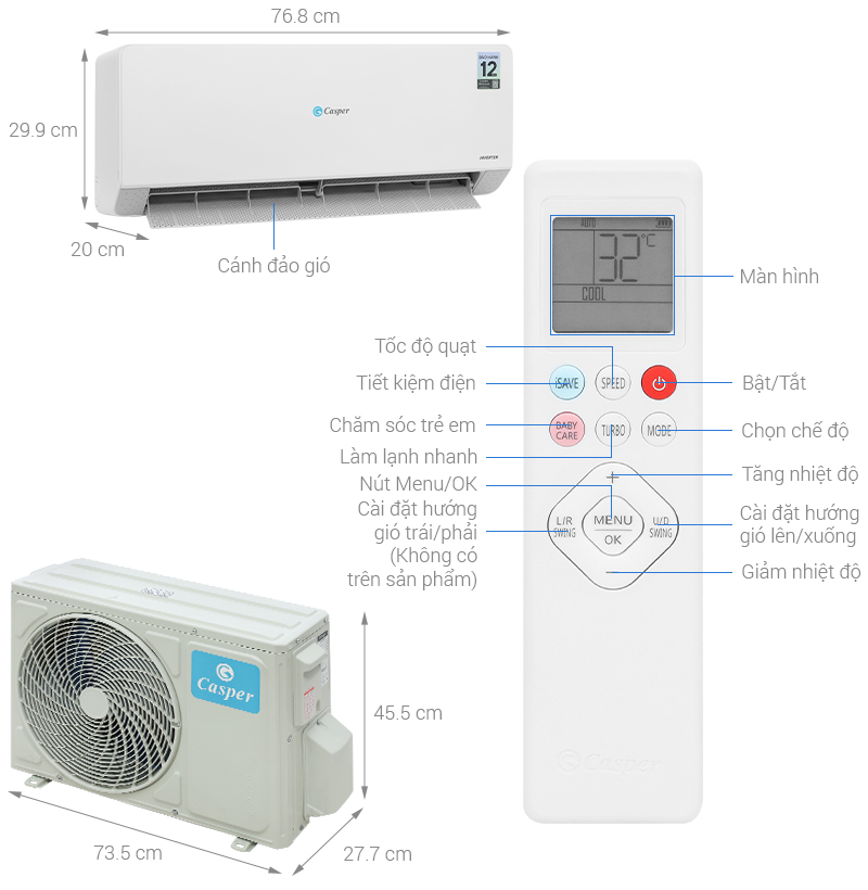 Máy lạnh Casper inverter 1.5 HP QC-12IS36