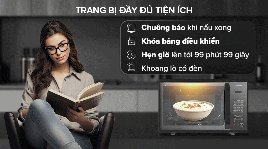 Lò vi sóng Toshiba MM-EM25PE(BM) – Dung tích 25 lít, công suất 800W, 11 mức công suất, 6 thực đơn tự động, mặt gương sang trọng, điều khiển cảm ứng