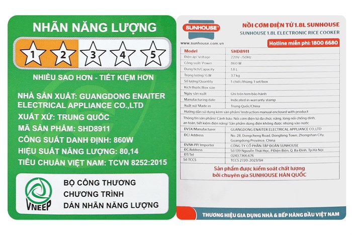 Nồi cơm điện tử Sunhouse 1.8 lít SHD8911
