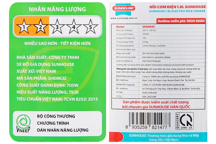Nồi cơm nắp gài Sunhouse 1.8 lít SHD8632
