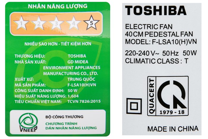 Quạt đứng Toshiba F-LSA10(H)VN 5 cánh 50W – Quạt cây điều khiển nút nhấn, 3 tốc độ gió