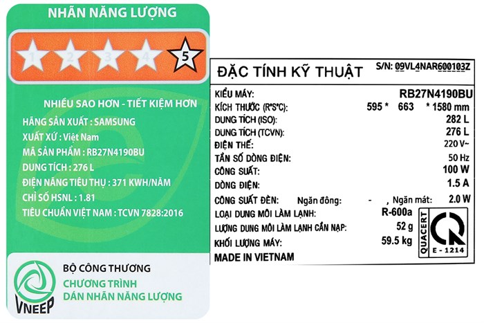 Tủ lạnh Samsung Inverter 276 lít RB27N4190BU/SV