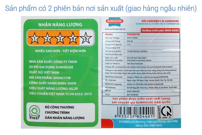Nồi cơm nắp gài Sunhouse 1.2 lít SHD8217W