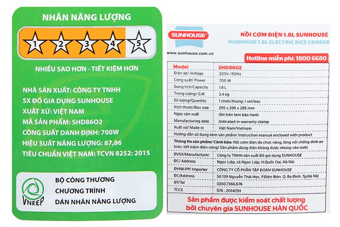 Nồi cơm nắp gài Sunhouse 1.8 lít SHD8602