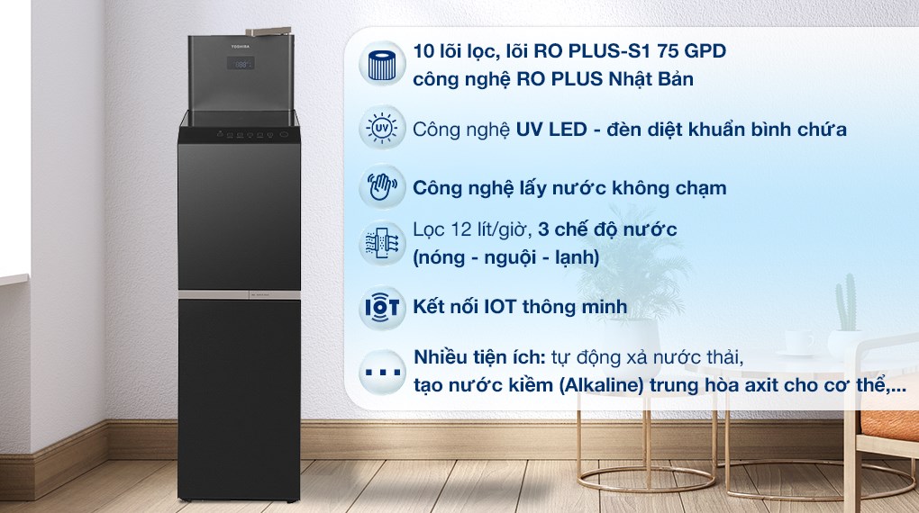 Máy lọc nước RO nóng nguội lạnh Toshiba TWP-W2398SVN(M) 10 lõi – Công nghệ RO Plus, đèn UV diệt khuẩn, tạo nước kiềm