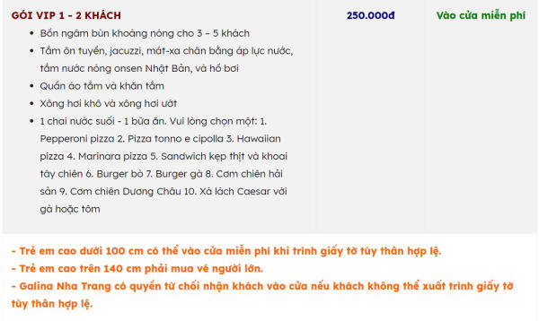 Giá vé tắm bùn Galina Nha Trang Giá vé tắm bùn Galina Nha Trang