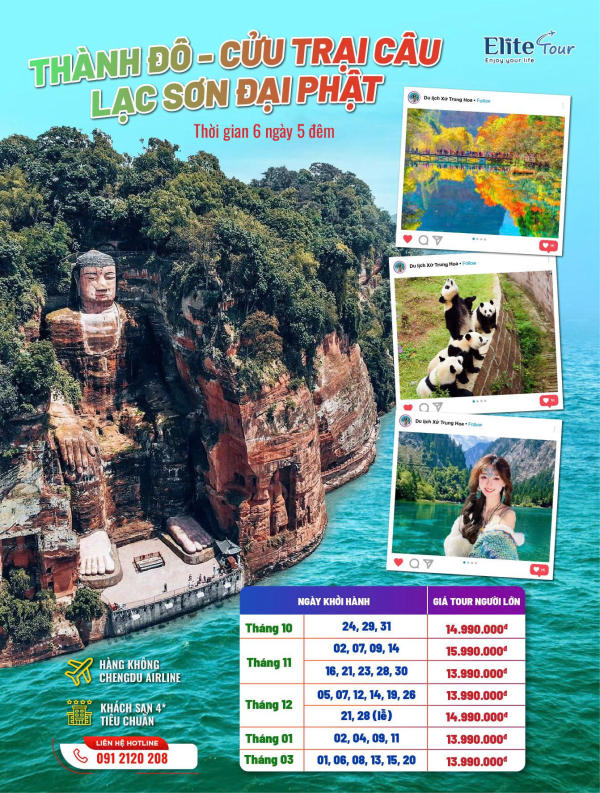 Tour Thành Đô - Cửu Trại Câu - Nga Mi Sơn - Lạc Sơn Đại Phật 6N5Đ
