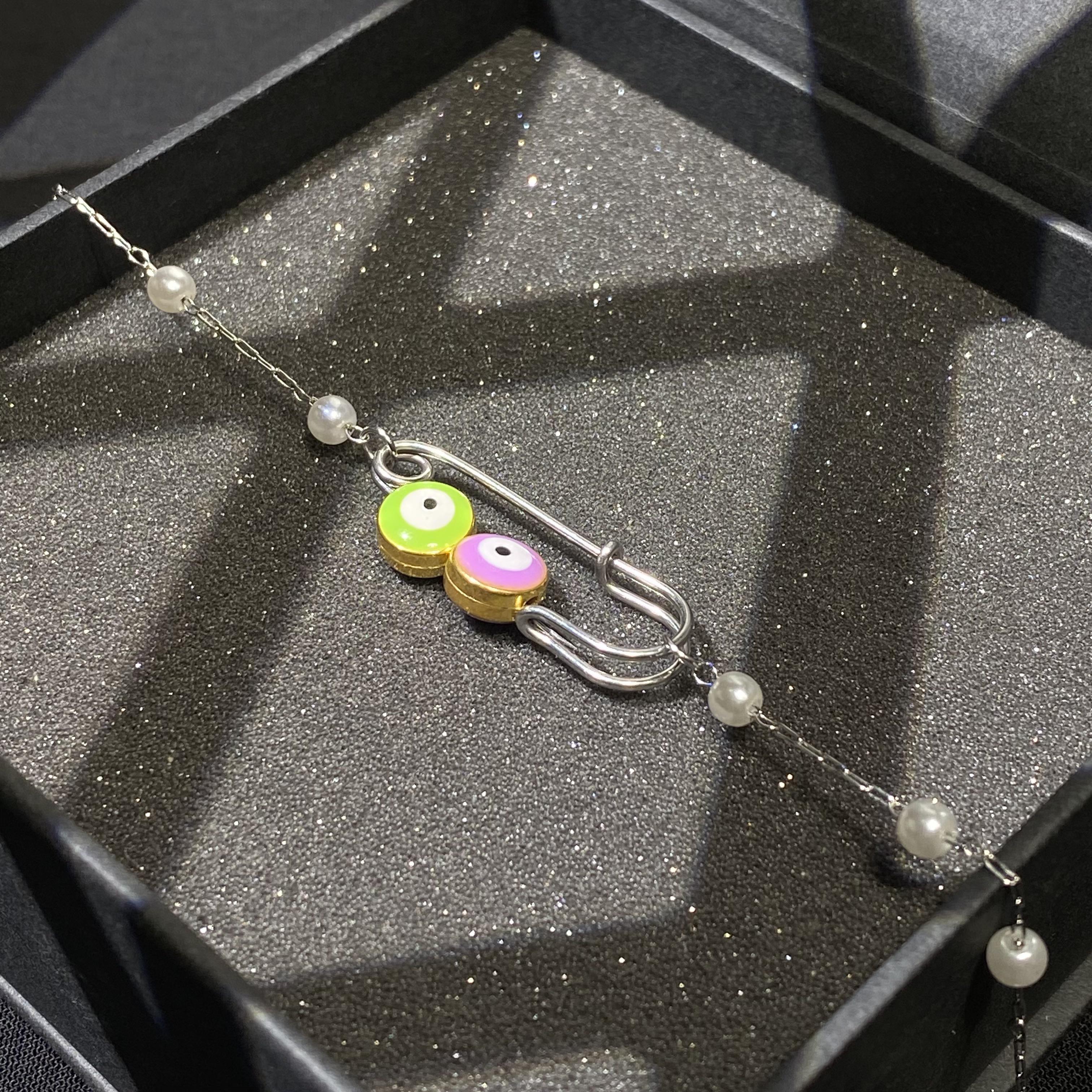 Vòng Tay, Lắc Tay Safety Pin Mix EvilEye Mang lại may mắn - Vòng tay titan không đen ghỉ