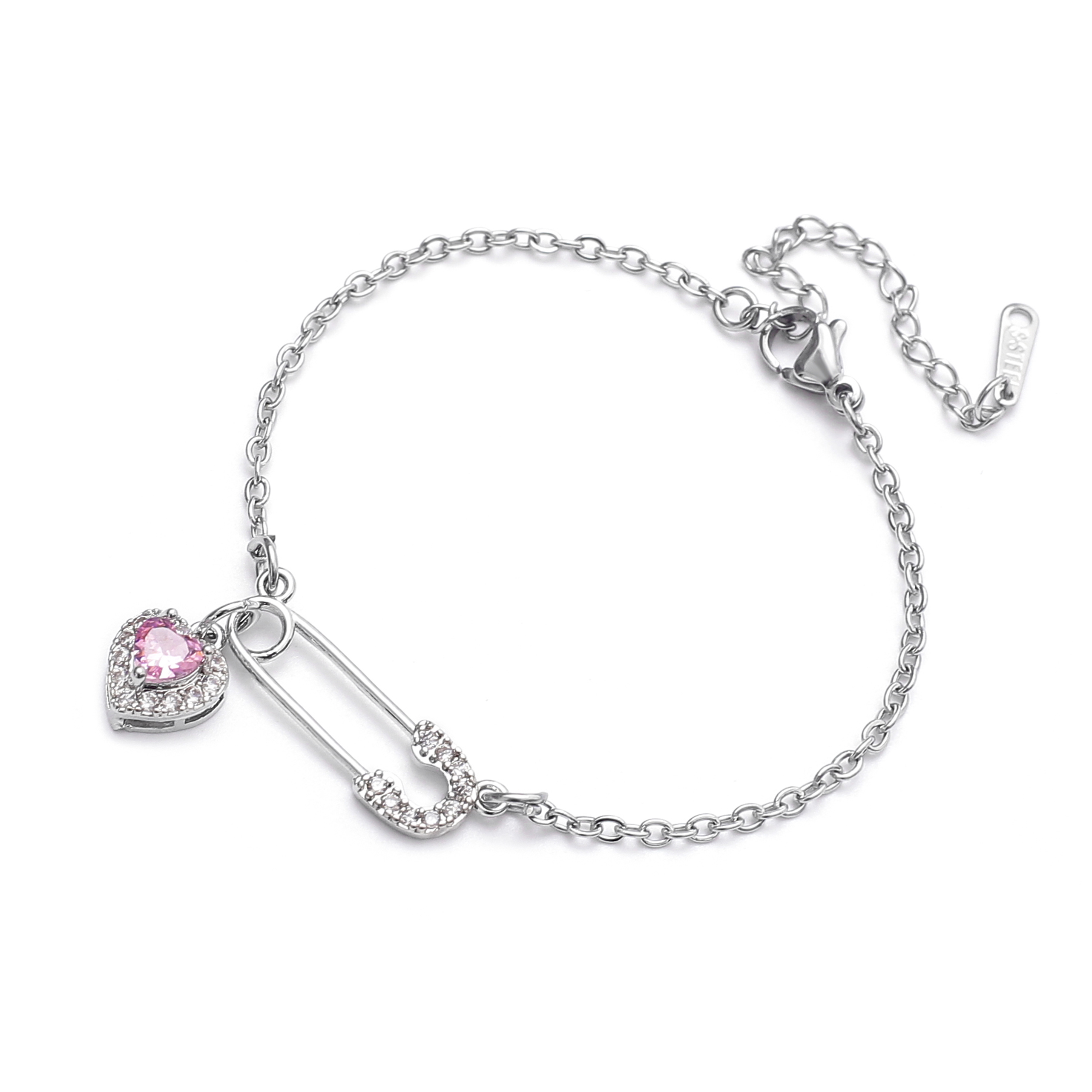 Vòng tay safety pin đính đá trái tim lấp lánh - Đọc mô tả