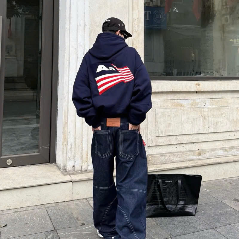 Hoodie Aastu Thêu Xù Flag Logo (Xanh)