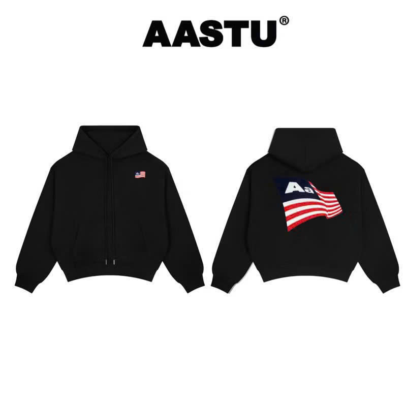 Hoodie Aastu Thêu Xù Flag Logo Đen