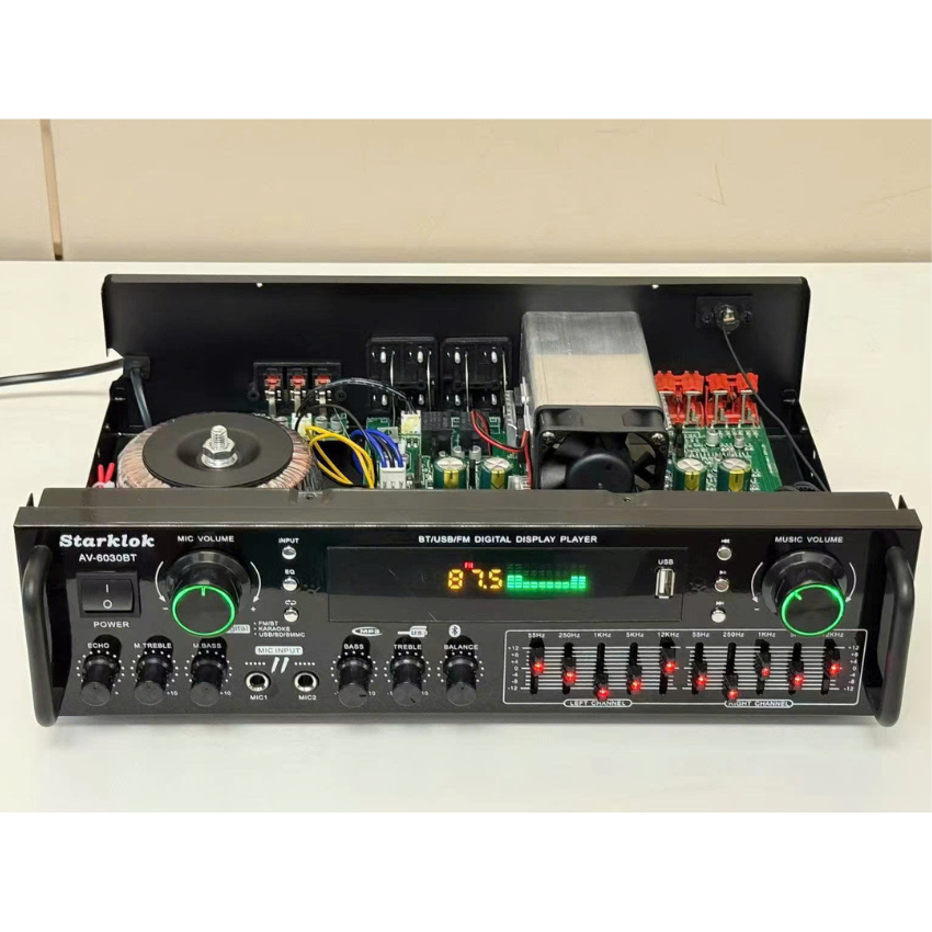 Amply Karaoke Bluetooth Starklok AV-6030BT – 8 Sò Công Suất, USB/SD/FM, Kết Nối Không Dây, Âm Thanh Sống Động