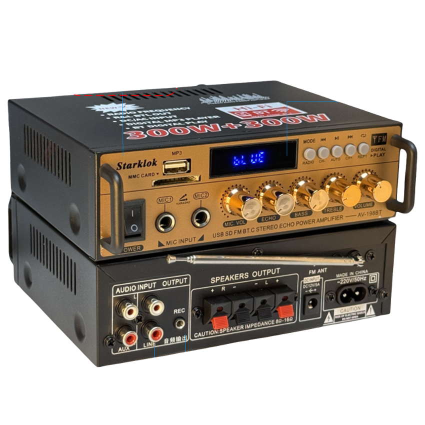 Amply Karaoke Bluetooth Starklok AV-198BT – Công suất 300W+300W, Hát Karaoke Hay, Hỗ trợ USB/Thẻ Nhớ/FM, Bảo hành 12 tháng