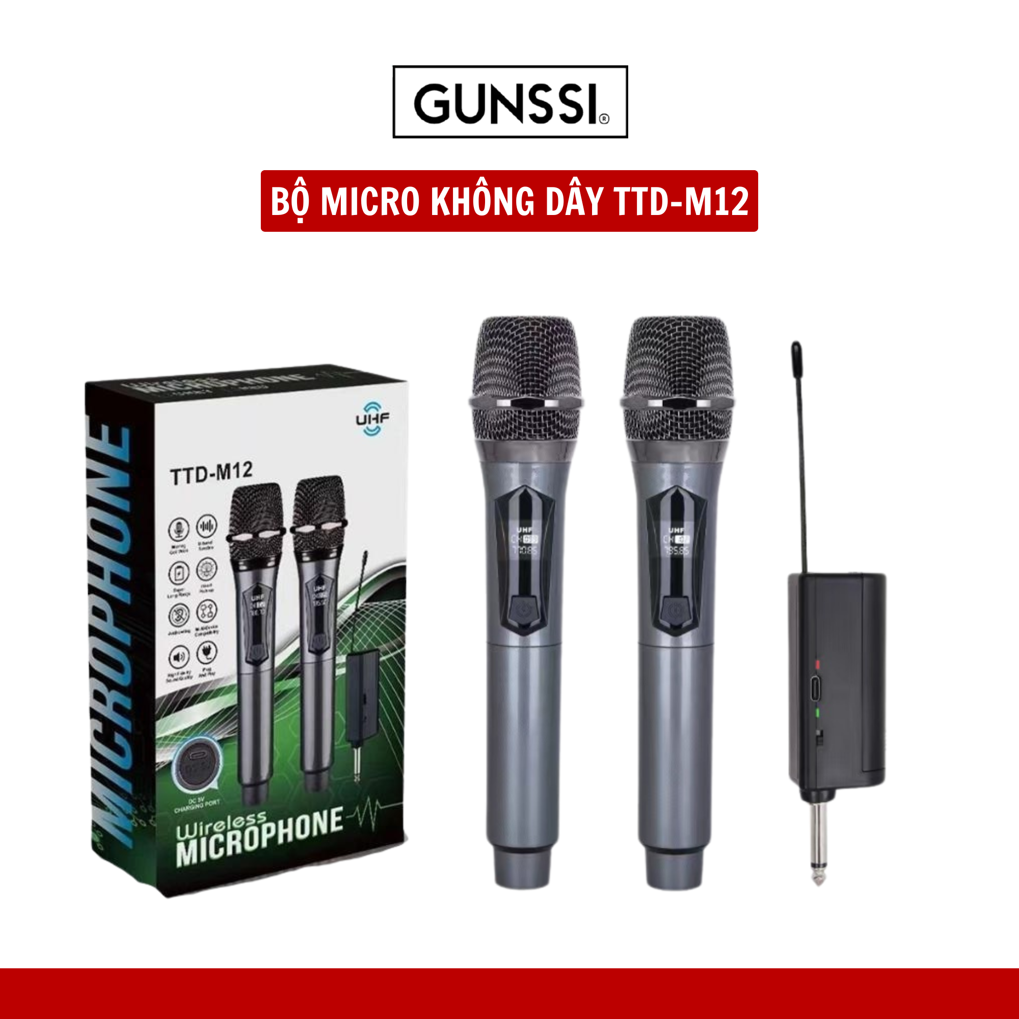 BỘ MICRO KHÔNG DÂY GUNSSI TTD-M12- mic chuyên nghiệp dành cho karaoke-chống hú tốt-bảo hành 12 tháng