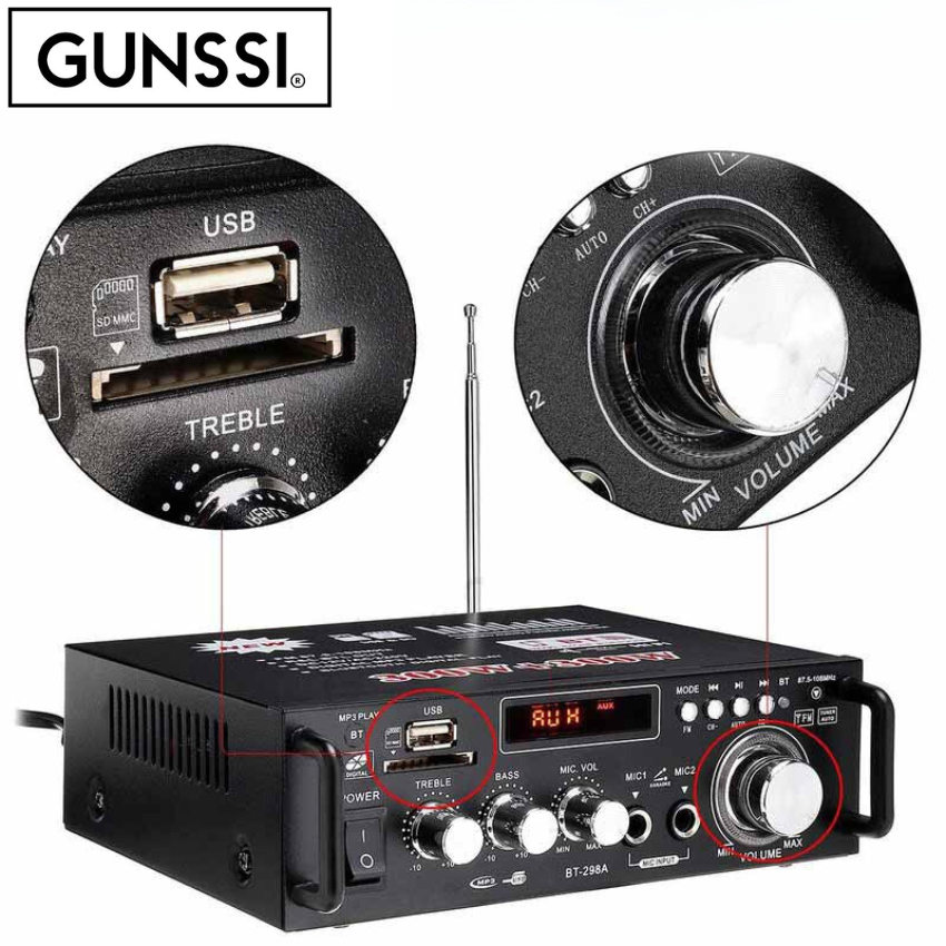 Amly Mini Bluetooth Gunssi BT-298A-amply karaoke gia đình-chống nhiễu-chống hú tốt-Bảo hành 12 tháng