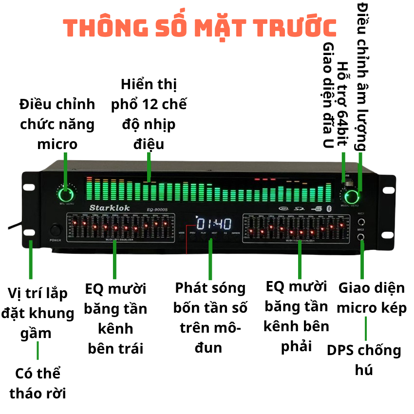 Lọc xì EQ-9000S Starklok – Tăng cường âm thanh, Hiển thị LED đẹp, Có USB, Điều khiển từ xa