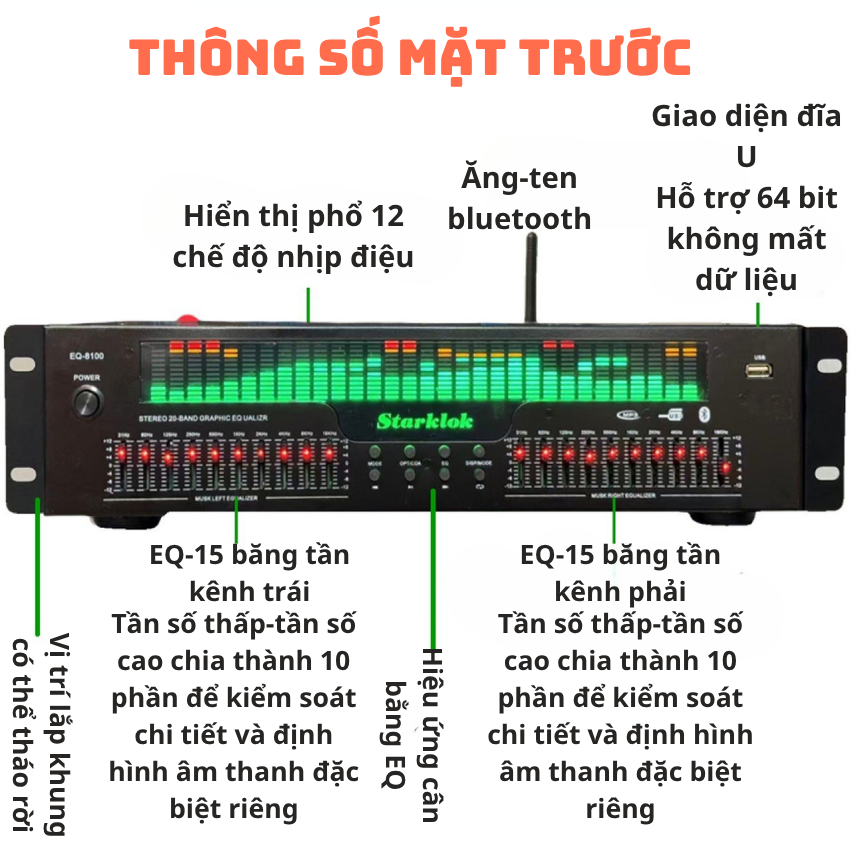 Lọc xì Starklok EQ-8100 chỉnh âm 20 cần – hỗ trợ Bluetooth, USB, điều khiển từ xa tiện lợi