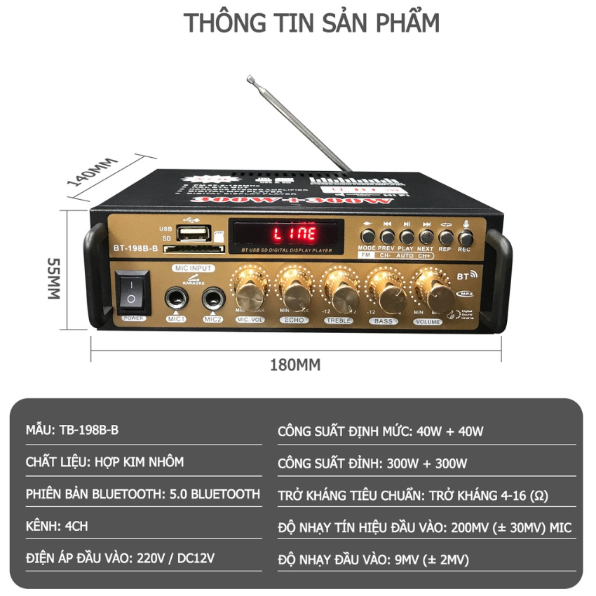 Amply Karaoke Bluetooth Starklok AV-198BT – Công suất 300W+300W, Hát Karaoke Hay, Hỗ trợ USB/Thẻ Nhớ/FM, Bảo hành 12 tháng