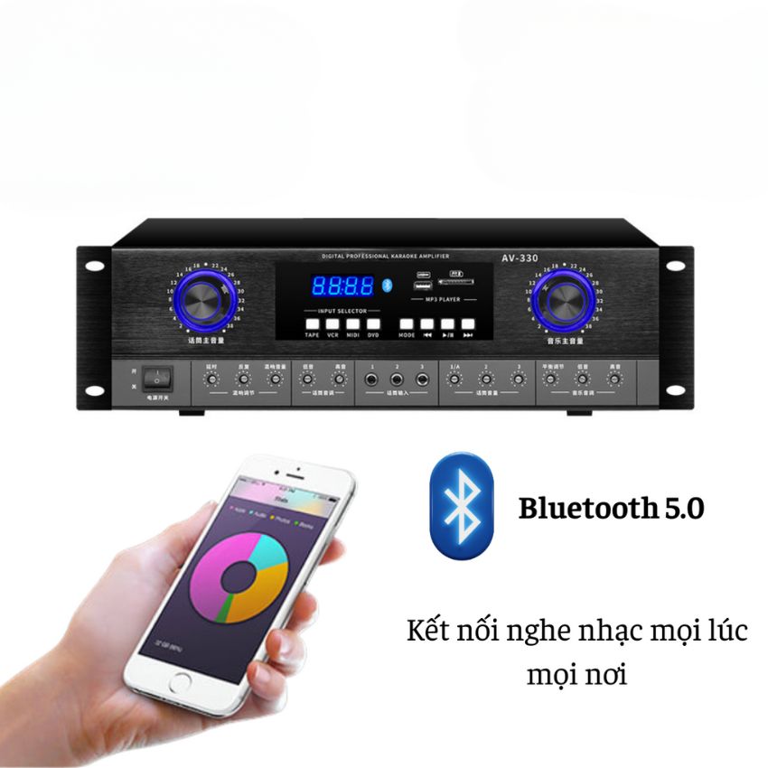 Amply đẩy liền vang Gunssi AV-330 có công suất lớn-chống hú tốt và kết nối nhiều cổng quang đầu vào