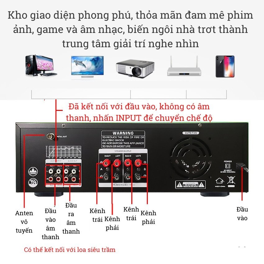 Amply bluetooth GUNSSI SUNBUCK KA-8900 công suất lớn-hỗ trợ nhiều đầu cắm hiện đại có bộ khuyếch đại