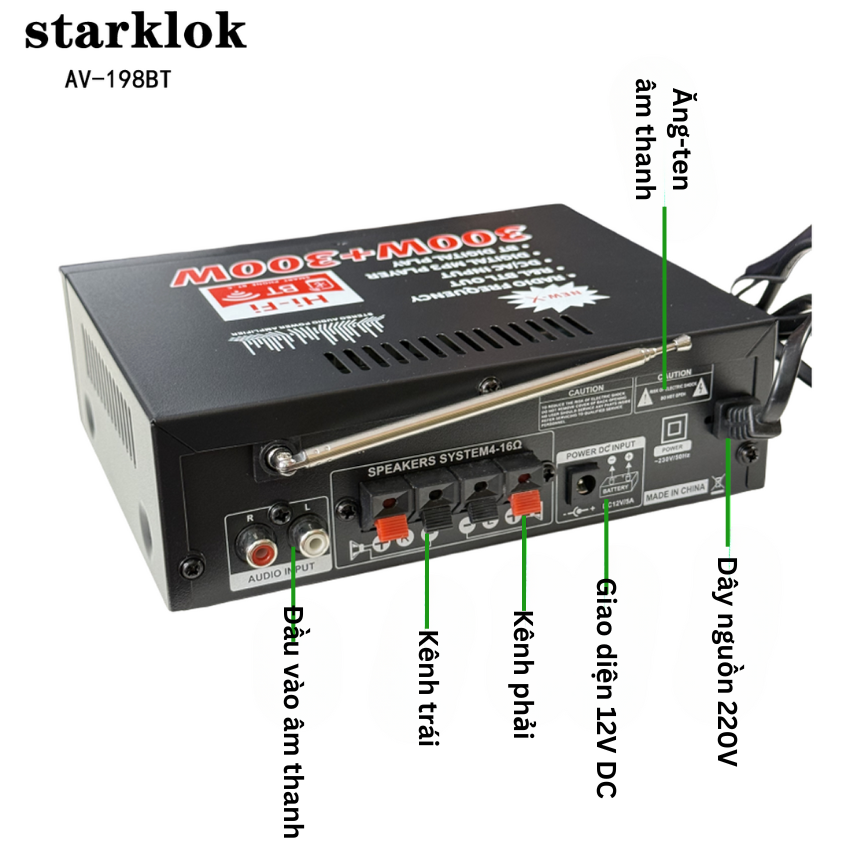 Amply Karaoke Bluetooth Starklok AV-198BT – Công suất 300W+300W, Hát Karaoke Hay, Hỗ trợ USB/Thẻ Nhớ/FM, Bảo hành 12 tháng