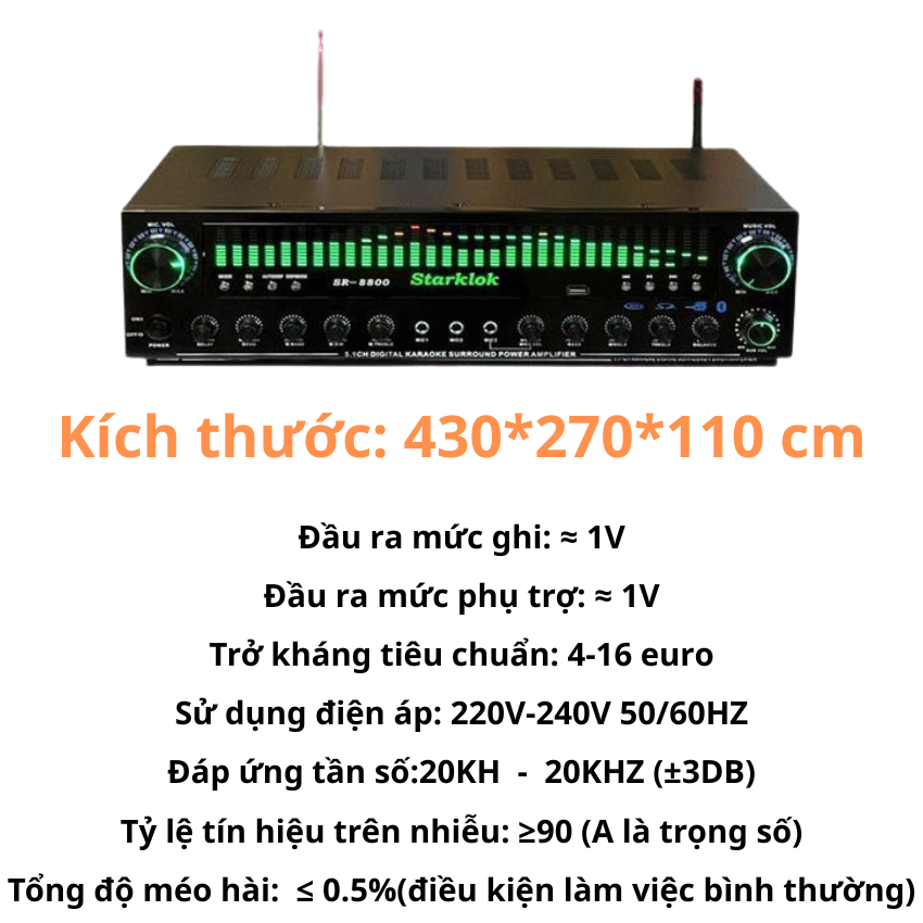 Amply SR-8800 Starklok – Âm Thanh Chuyên Nghiệp, Hát Karaoke & Nghe Nhạc, Công Suất Khủng, Đèn LED