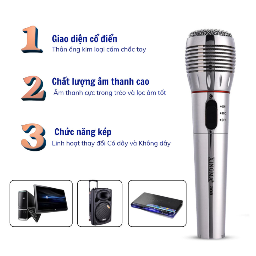 Micro Karaoke AK-308 Kép Có Dây/Không Dây – Cắm Amply, Loa Bluetooth, Bắt Sóng Ổn Định