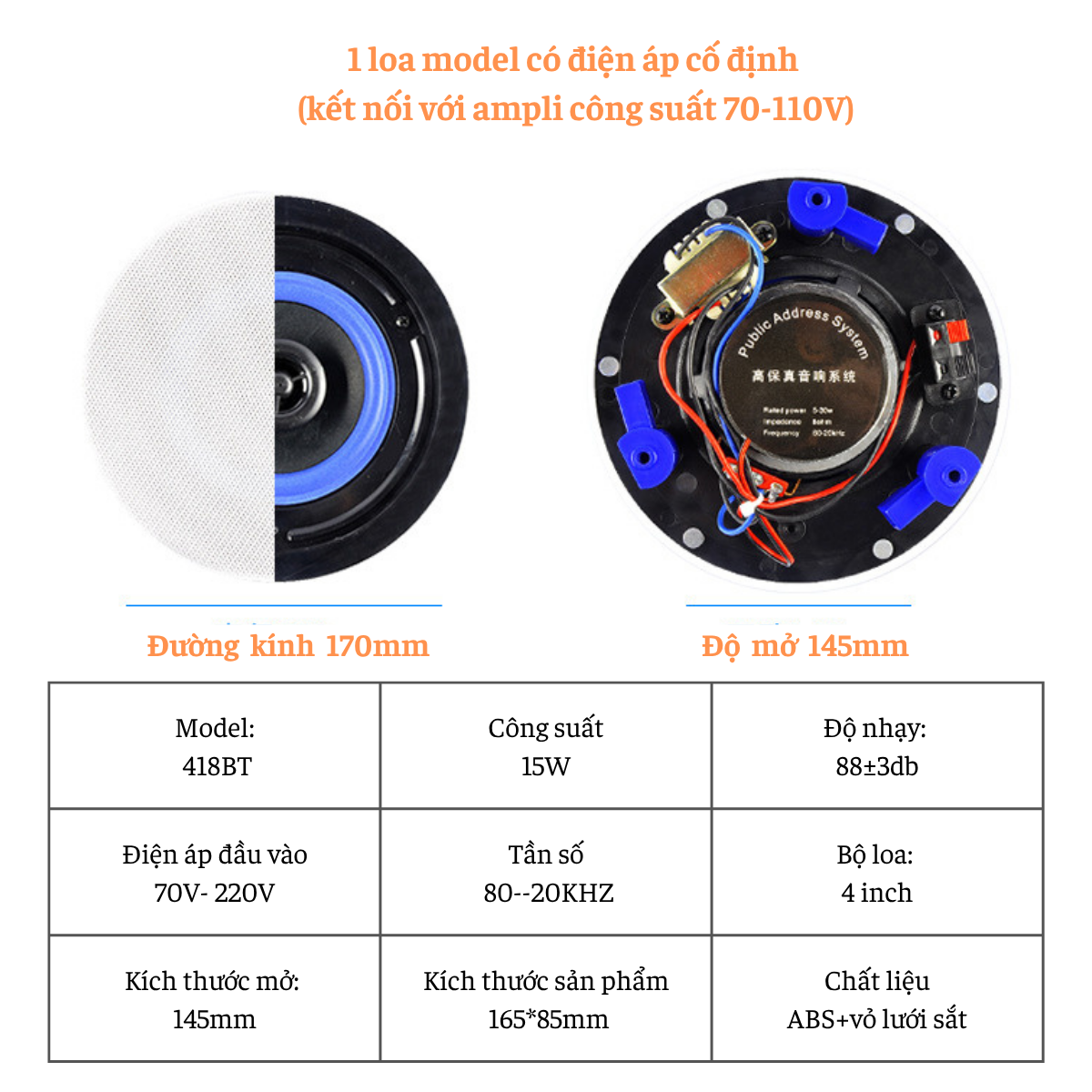 Loa Âm Trần 418BT Bluetooth 5.0 – Âm Thanh Sống Động, Lắp Đặt Dễ Dàng, Dùng Cho Nhà Hàng, Văn Phòng, Spa