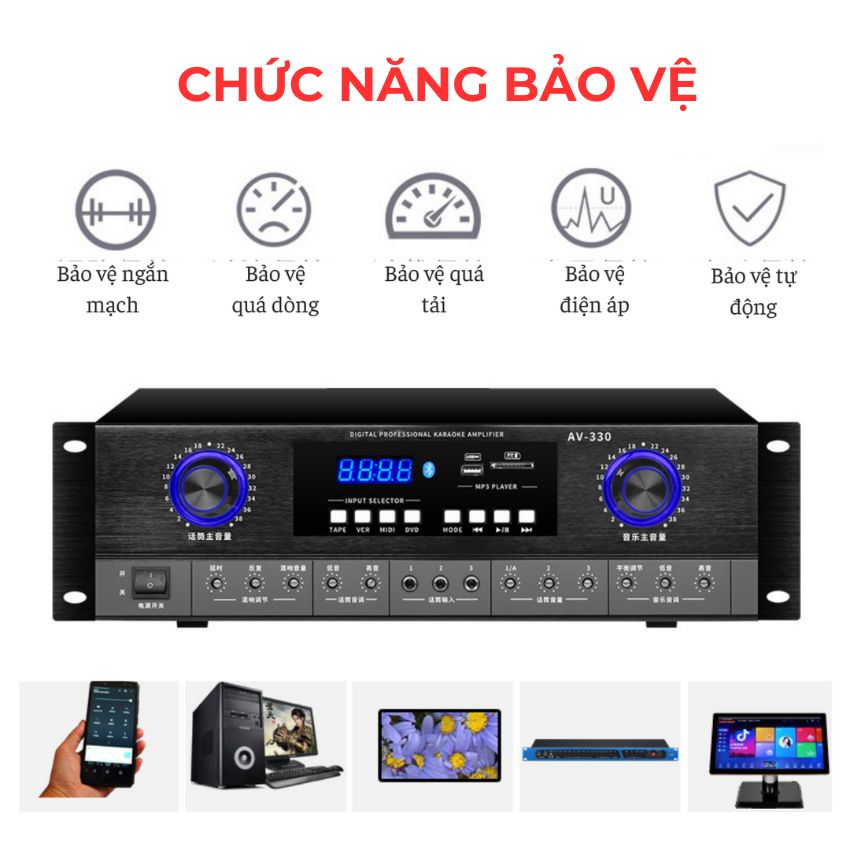 Amply đẩy liền vang Gunssi AV-330 có công suất lớn-chống hú tốt và kết nối nhiều cổng quang đầu vào
