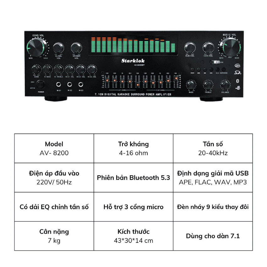 Amply Starklok AV-8200 – Amply Karaoke Bluetooth 2 Kênh, Công Suất Lớn, Hát Hay, Giá Tốt
