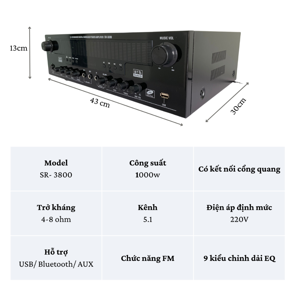 Amply Gunssi Sunbuck SR-3800-công suất đỉnh-chống nhiễu-kết nối Bluetooth-amply gia đình-quán cafe