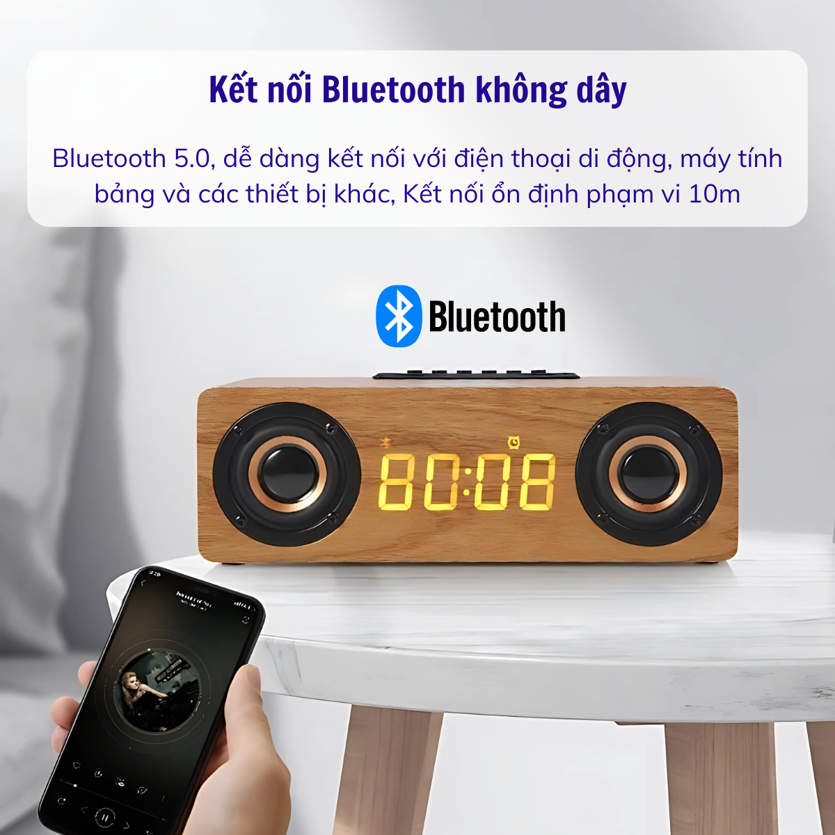 Loa Gỗ Bluetooth Tích Hợp Sạc Không Dây, Dung Lượng Pin 12000mAh