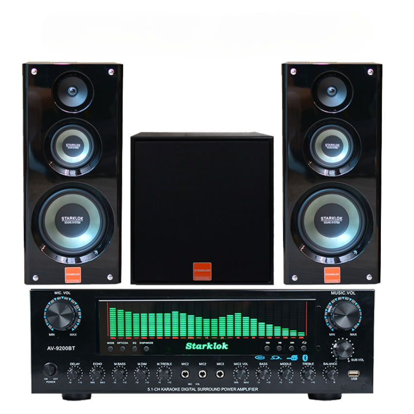 Amply Karaoke Starklok AV-9200BT – 5.1 Kênh, Bluetooth, 3 Mic, Màn Hình EQ LED, Âm Thanh Mạnh Mẽ