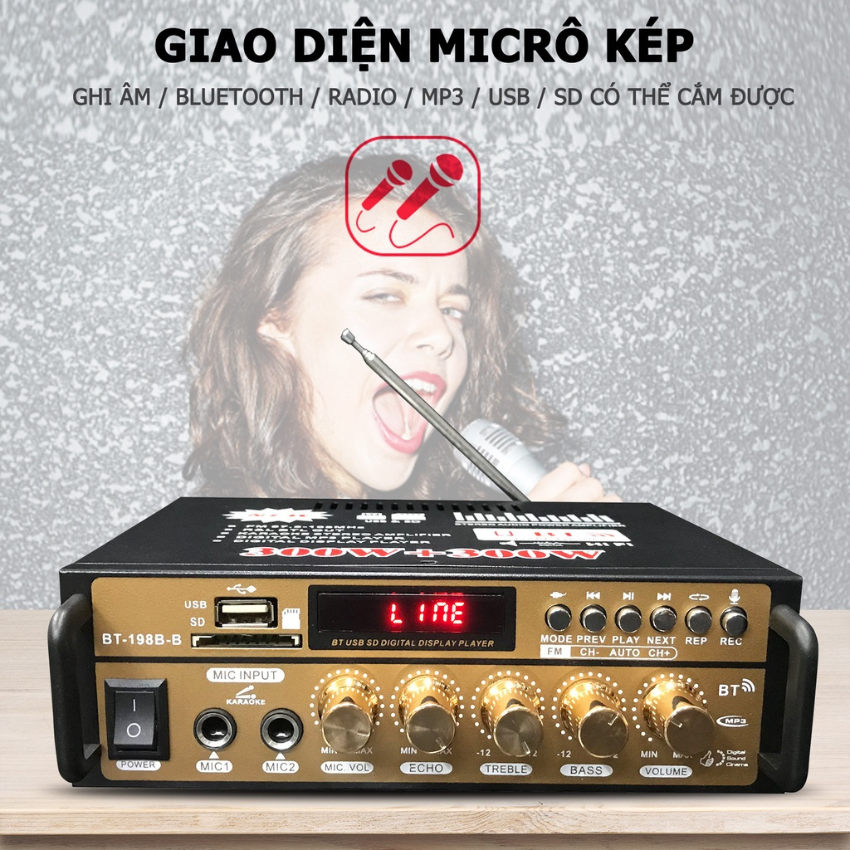 Amply mini bluetooth Gunssi BT198B-B-amply gia đình-kết hợp ghi âm-echo siêu mượt-bảo hành 12 tháng