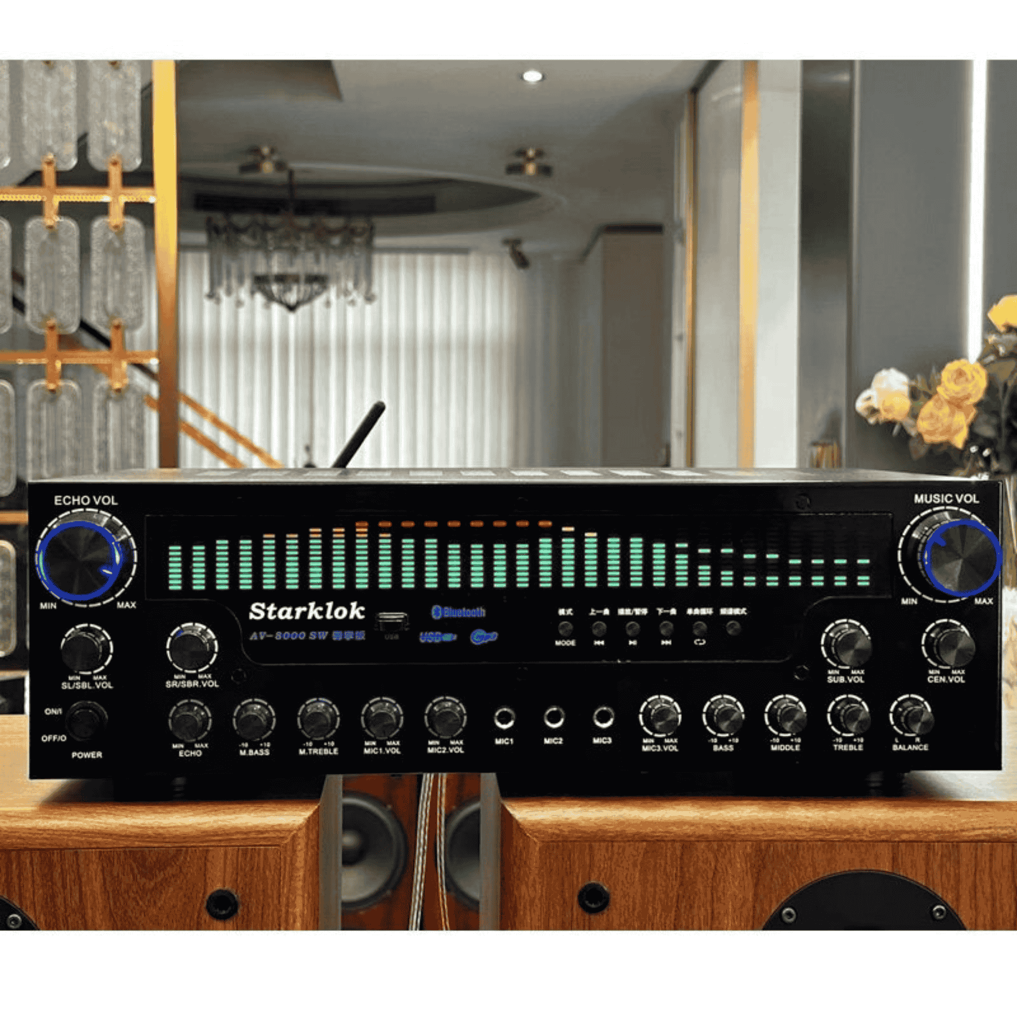 Amply Karaoke Starklok AV-8000SW, Amply Gia Đình Bluetooth 5.3, Hỗ Trợ 2 Cổng Sub