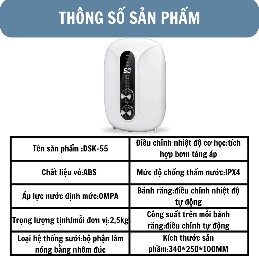 Máy nước nóng trực tiếp Gunssi DSK-55-thiết kế nhỏ gọn-dễ dàng lắp đặt nhiều vị trí trong nhà,căn hộ