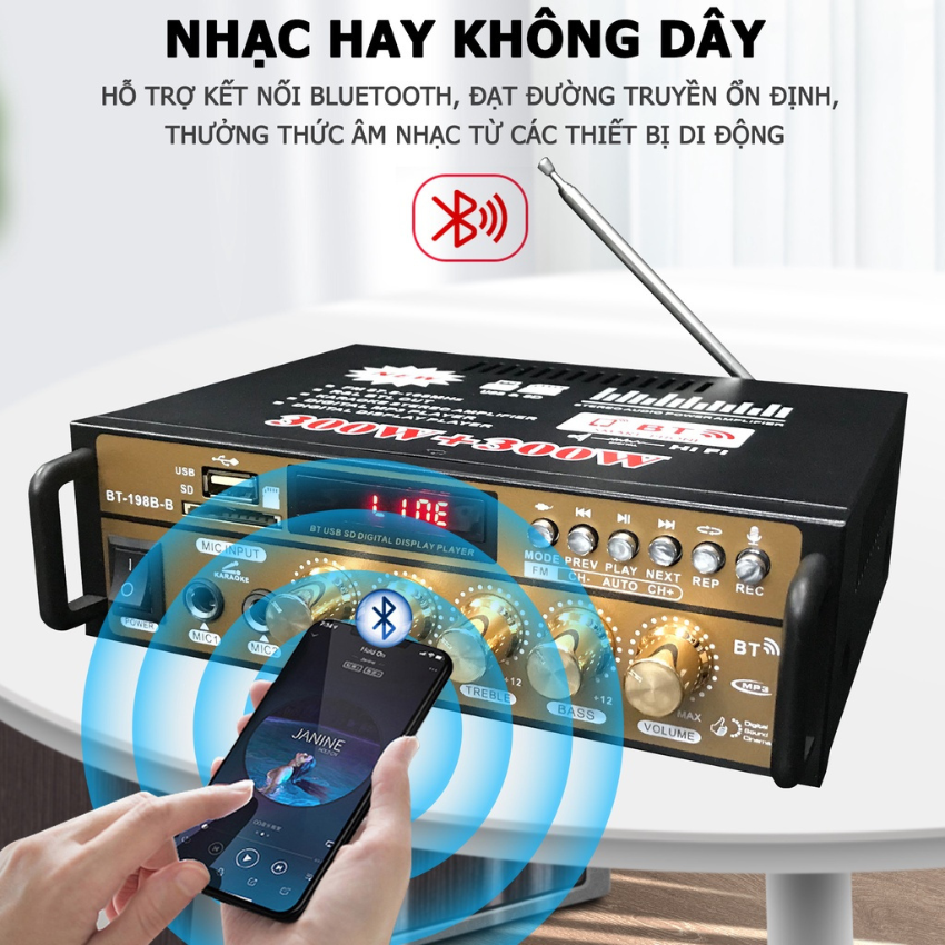 Amply mini bluetooth Gunssi BT198B-B-amply gia đình-kết hợp ghi âm-echo siêu mượt-bảo hành 12 tháng