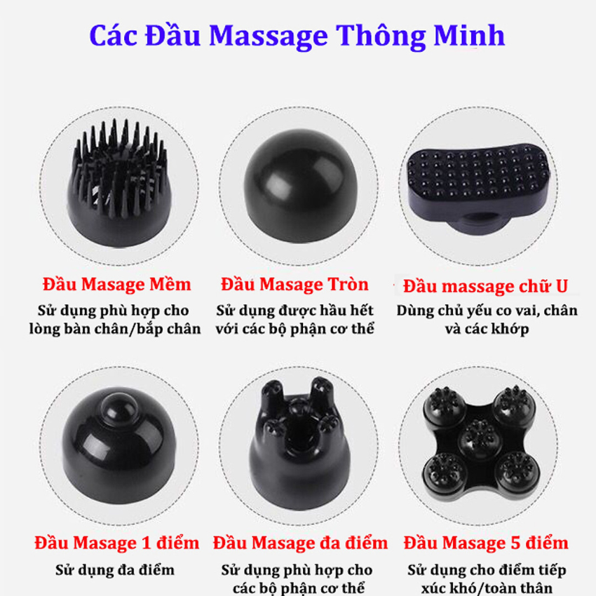 Máy massage cầm tay, máy đấm lưng cao cấp 6 đầu, pin sạc không dây siêu tiện lợi an toàn, bảo hành 6 tháng