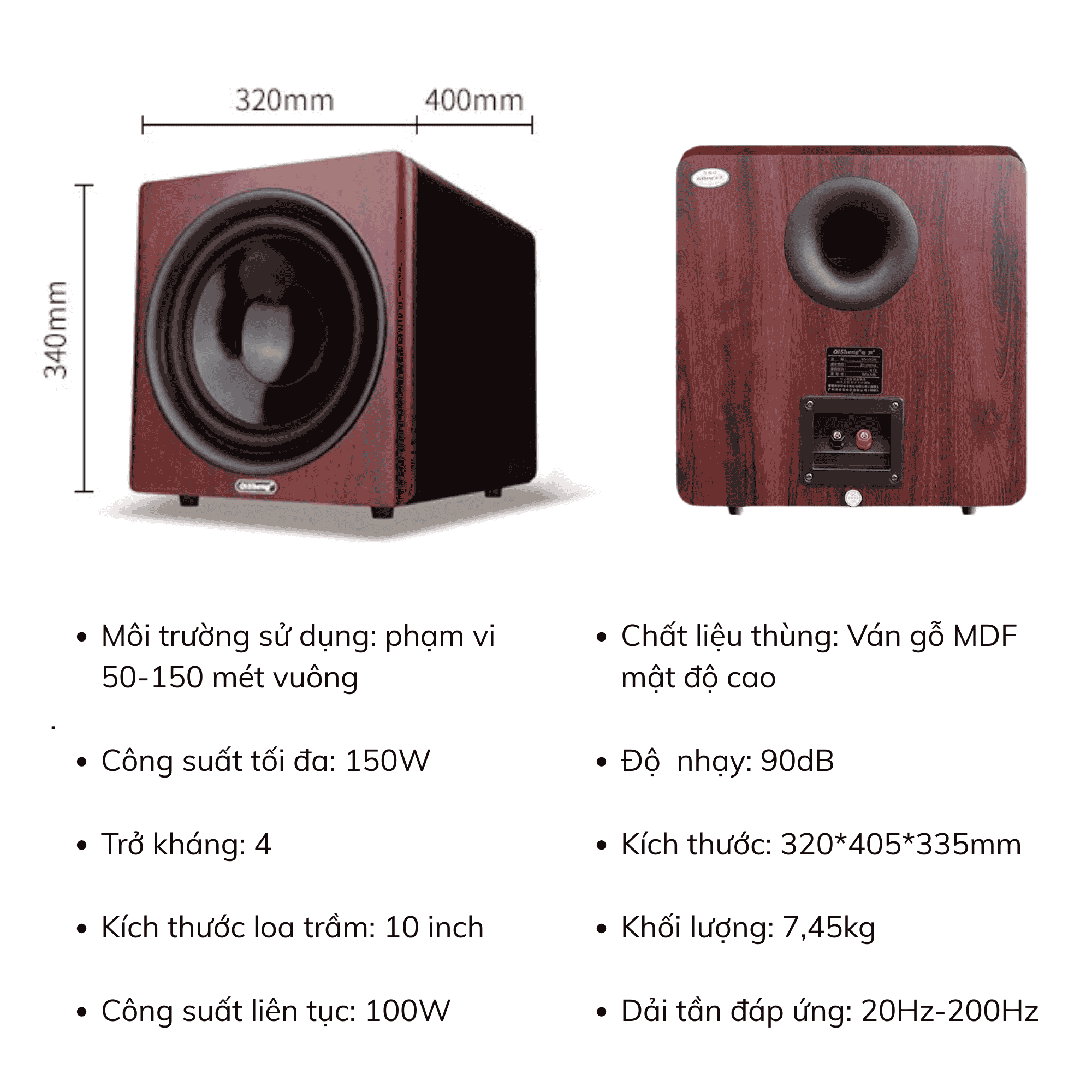 Loa Sub hơi 10 inch, Loa Siêu Trầm Bass 25, Loa Trầm Thùng Gỗ MDF Cao Cấp, Công Suất 150W, Cho Dàn Karaoke Gia Đình