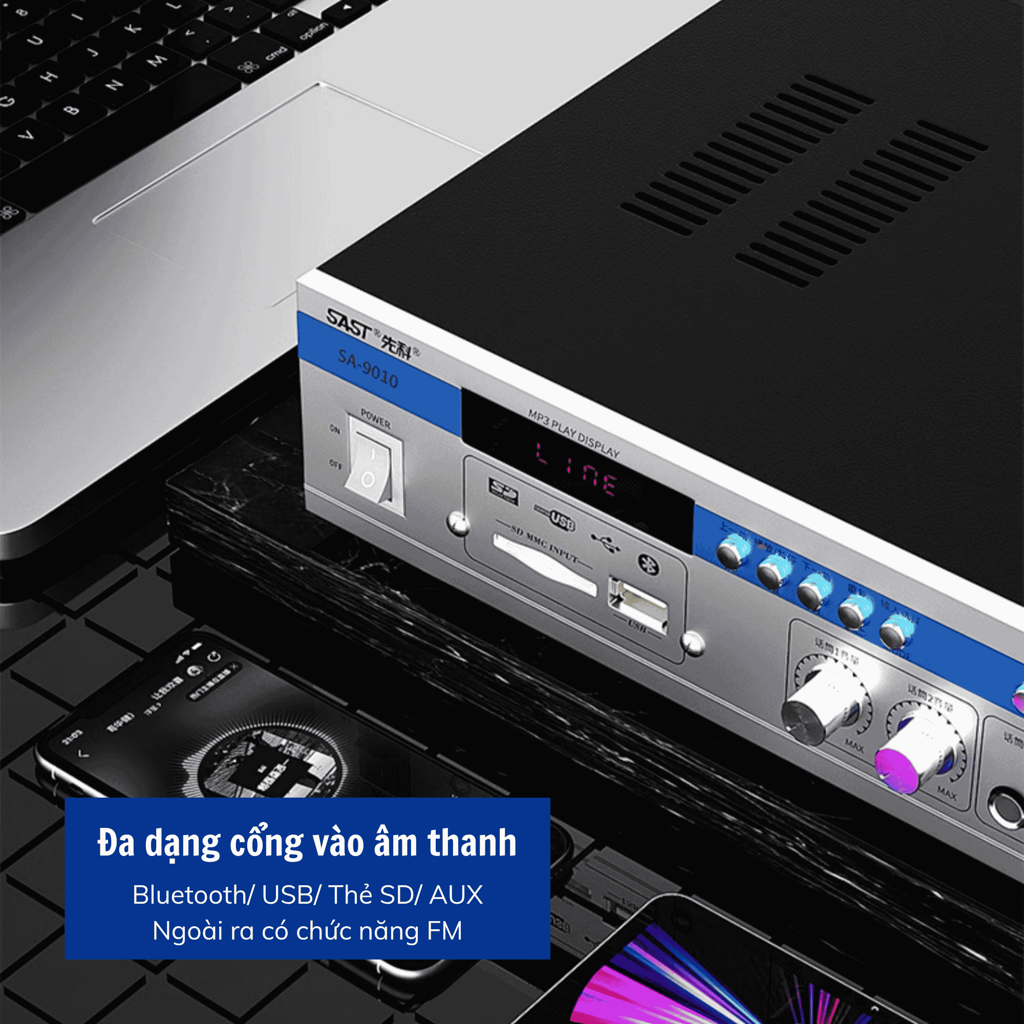 Amply SAST SA-9010 150W, Hỗ Trợ Bluetooth/ USB/ Thẻ SD/ AUX, Amply Chia 2 Vùng Âm Thanh, Hỗ Trợ Đài FM