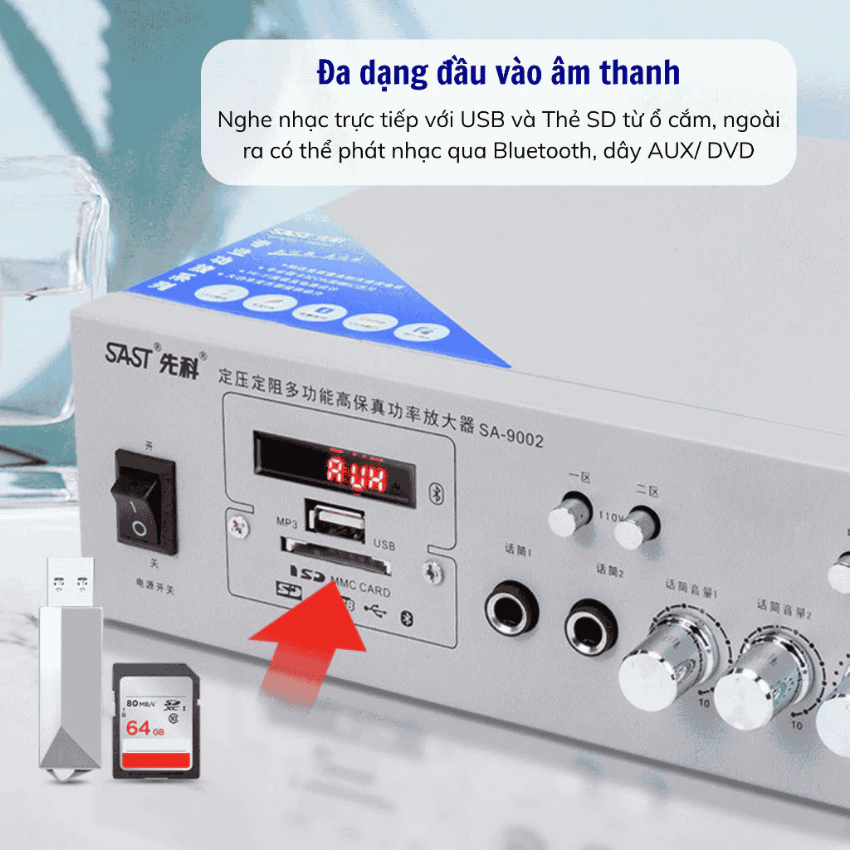 Amply Nghe Nhạc SAST 9002 – Đa Năng, Hỗ Trợ AUX, USB, SD – Âm Lớn, Gọn Nhẹ Dễ Lắp Đặt