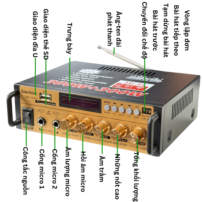 Amply Karaoke Bluetooth Starklok AV-198BT – Công suất 300W+300W, Hát Karaoke Hay, Hỗ trợ USB/Thẻ Nhớ/FM, Bảo hành 12 tháng