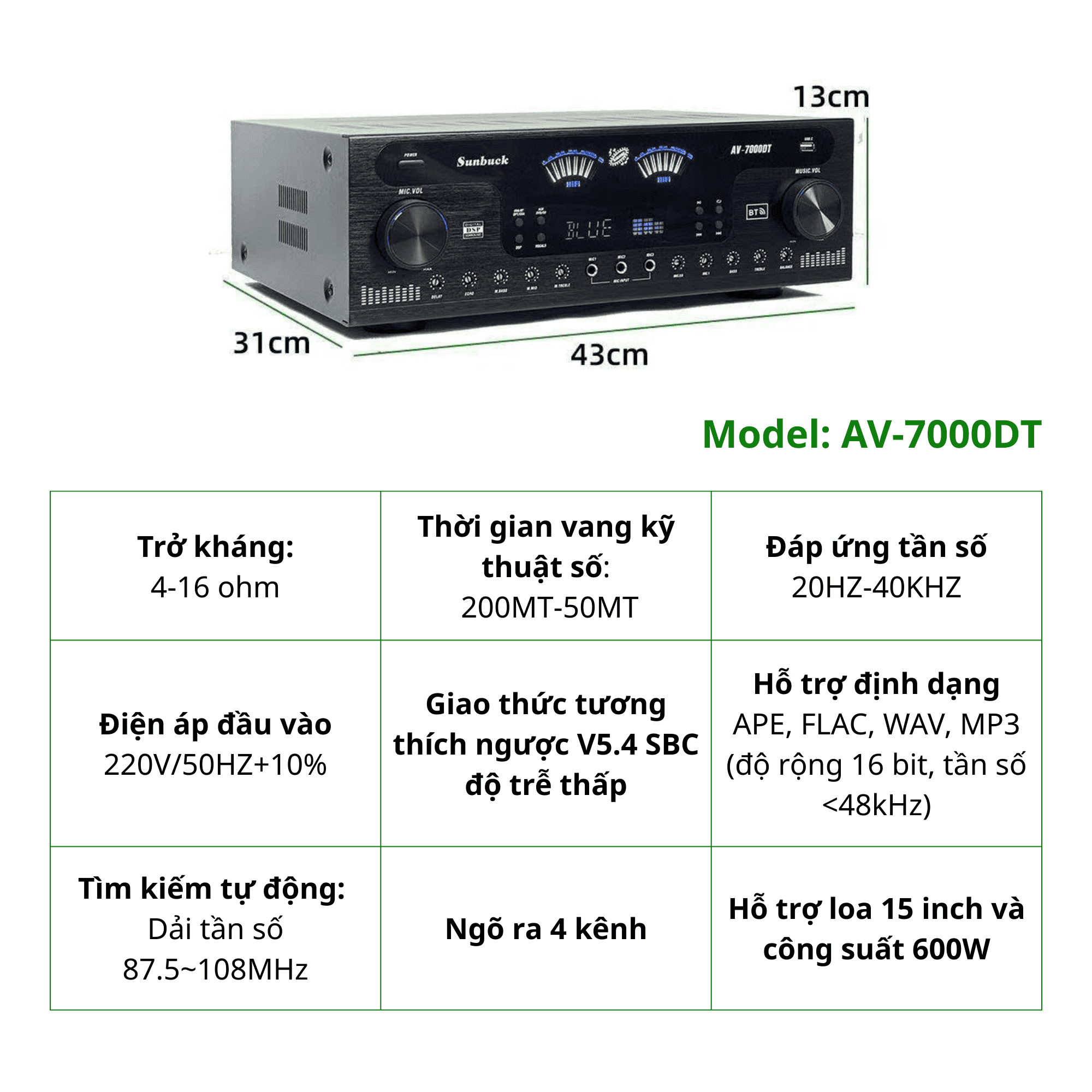 Amply Sunbuck AV-7000BT Chính Hãng 2600W, 4 Kênh, Bluetooth 5.4, DSP Thông Minh